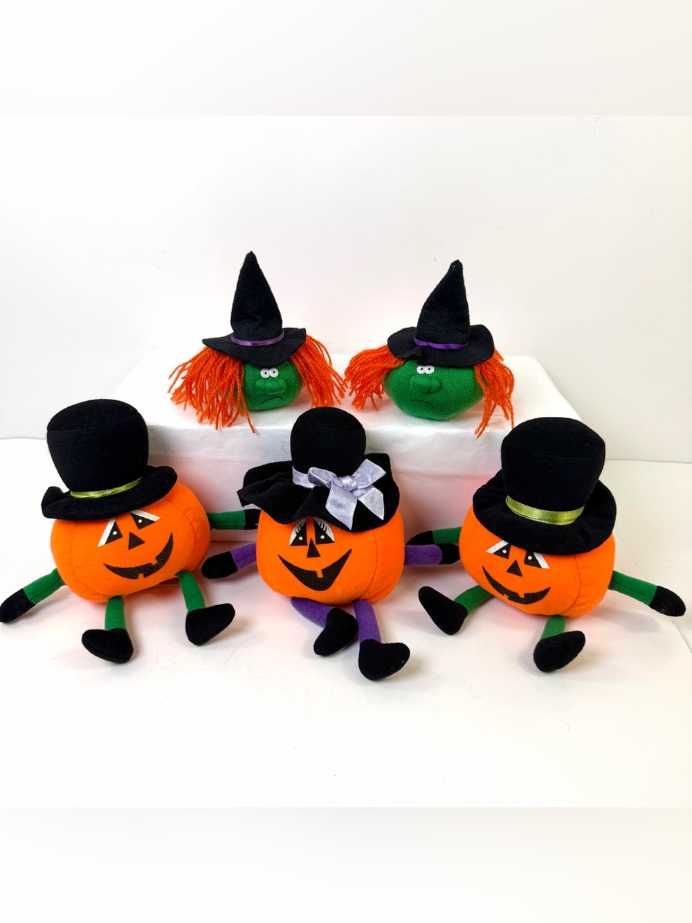 Vintage Halloween Plush Lot Jack-O-Lantern Pumpkins & Witch Heads 5 Pc Set 7”
